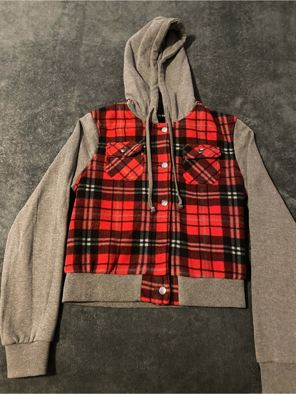 Finesse Red & Black Plaid Hooded Jacket with Gray Sleeves